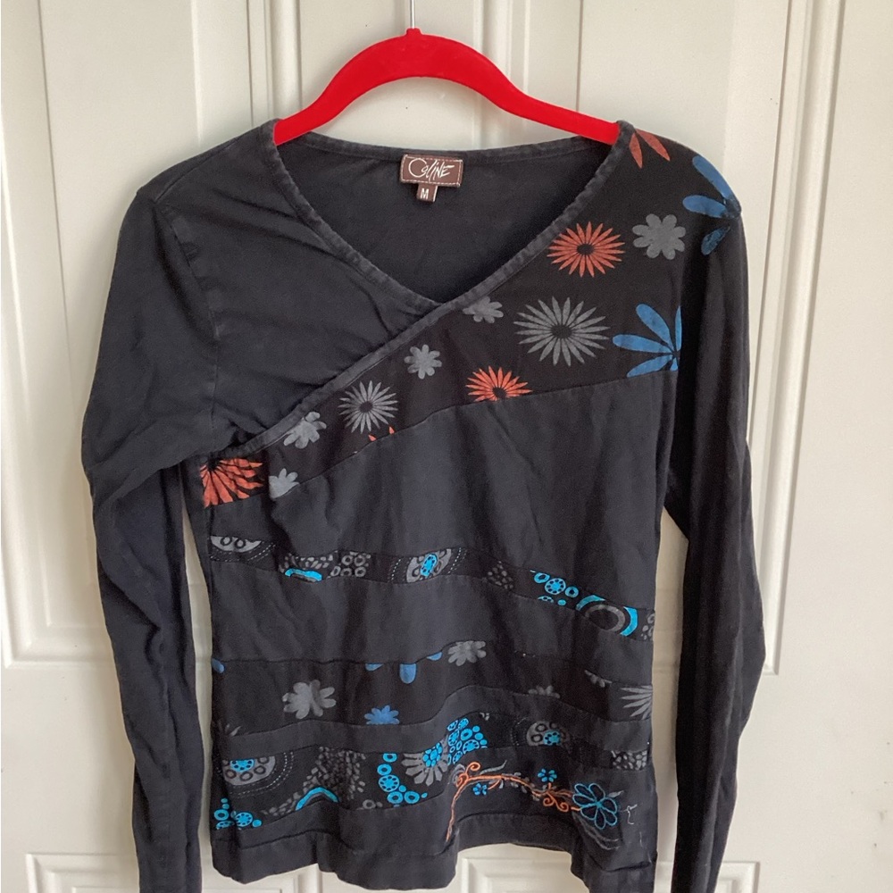 Celine Black Top with Floral Accents